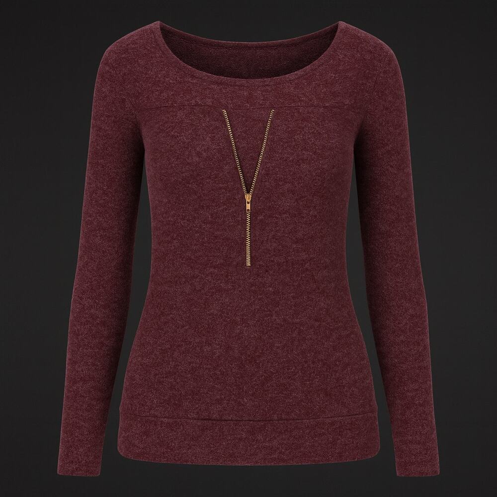 Womens Long Sleeve Burgundy Heathered Sweater with Front Zipper Detail Sz Small